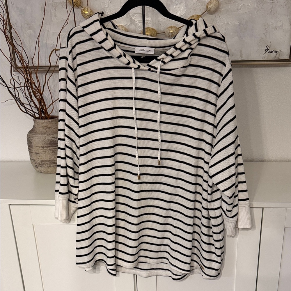 Calvin Klein Black & White Striped Hooded Knit Top